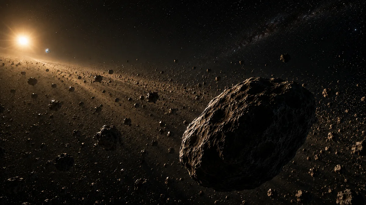 A large dark asteroid in the main asteroid belt with the distant Earth visible inward toward the Sun