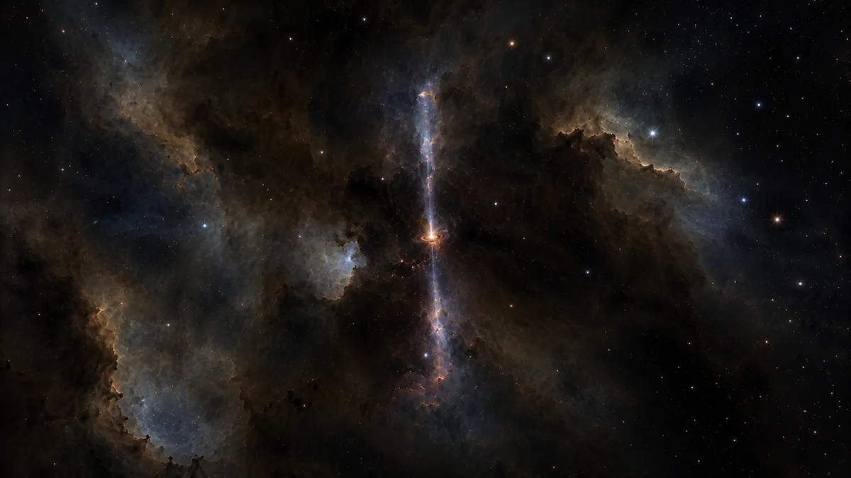 A dark molecular cloud collapsing around a newborn protostar with a glowing accretion disk and narrow bipolar jets