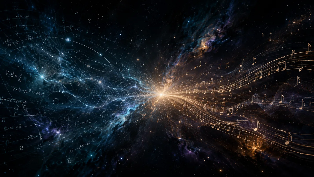Cosmic physics structures transforming through a stellar ignition point into musical notation