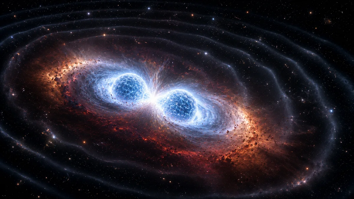 Two blue-white neutron stars merge amid red-orange neutron-rich ejecta and ripples representing gravitational waves