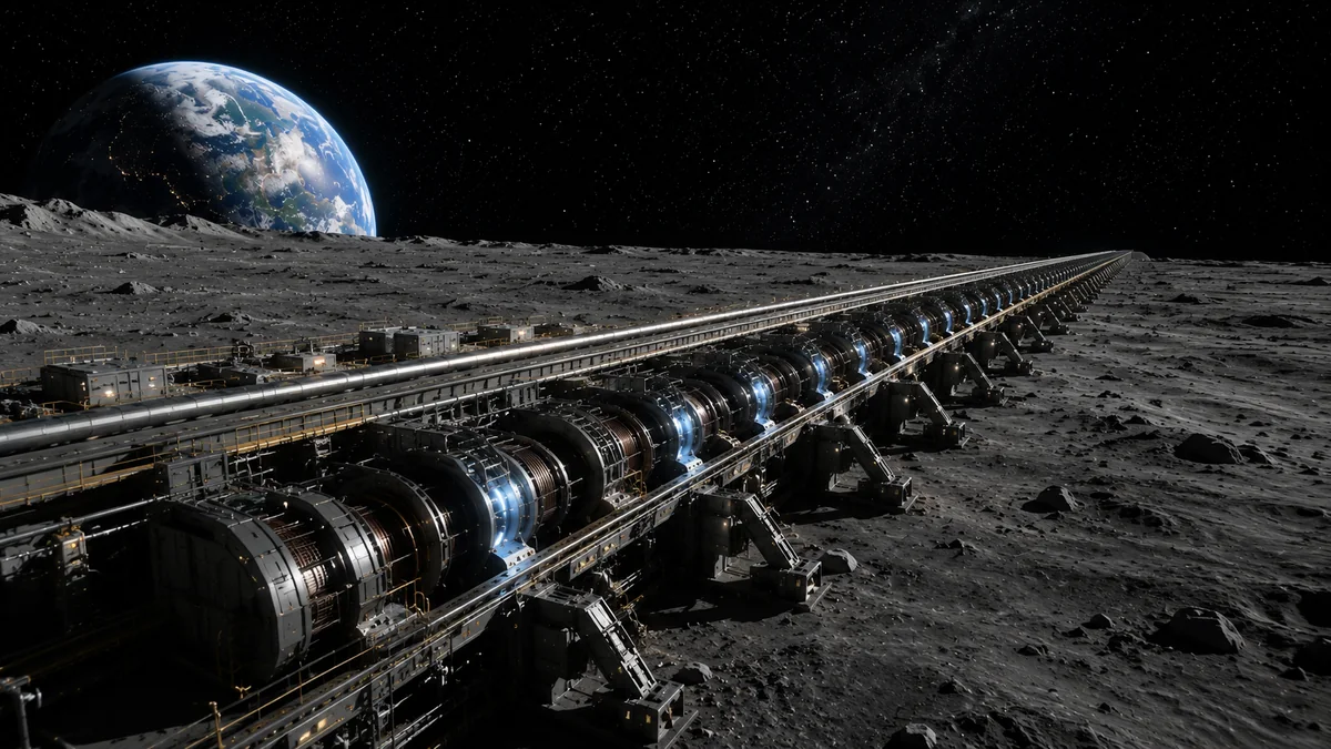 A vast electromagnetic mass driver stretches across the lunar surface toward open space, with Earth hanging behind it