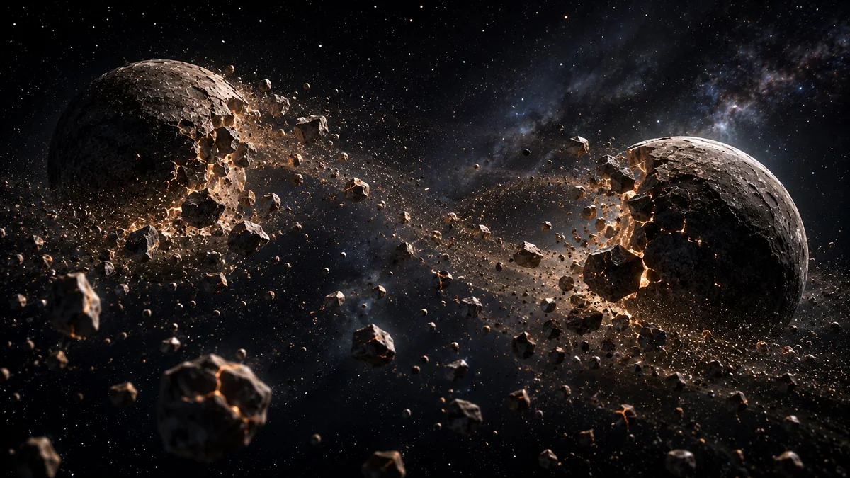 Two rocky worlds breaking apart under mutual tidal forces as fragments fall toward one another across deep space