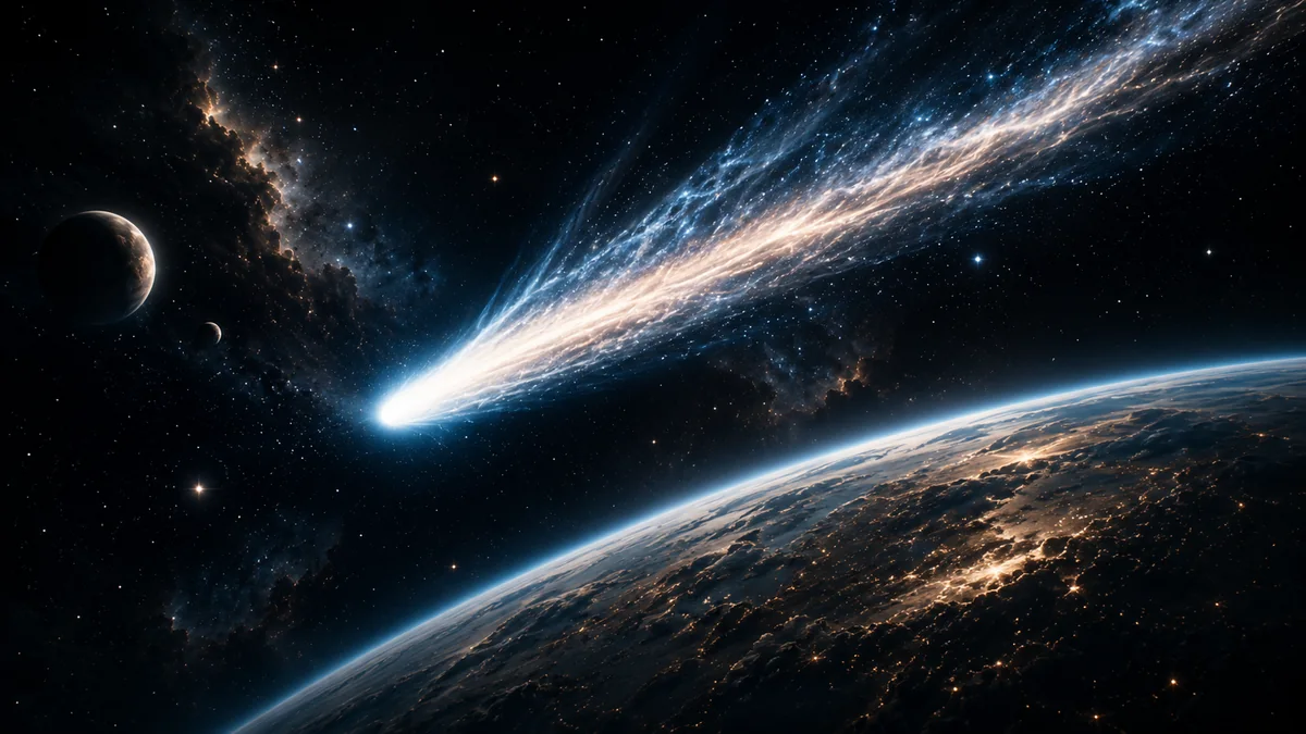 A brilliant comet crosses deep space above a distant planetary horizon, trailing blue-white and golden material