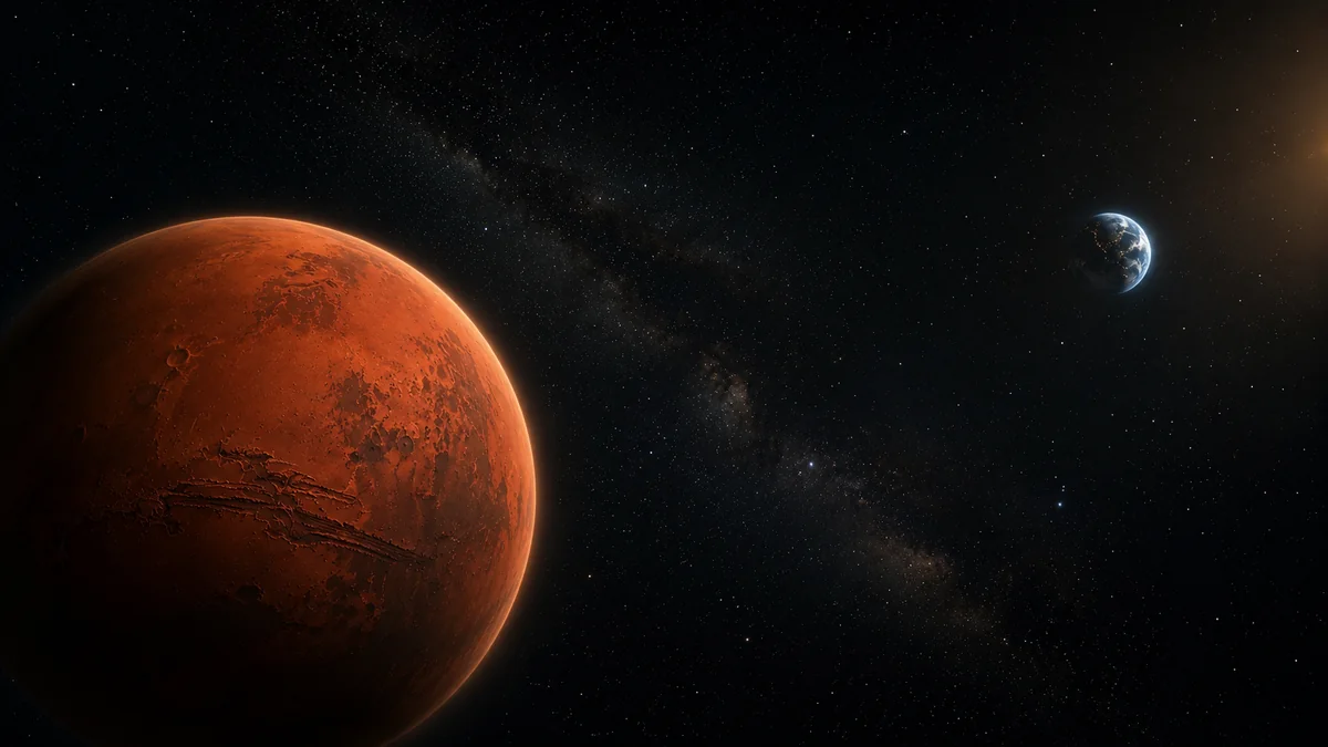Mars alone in the foreground looking across deep space toward a distant blue Earth