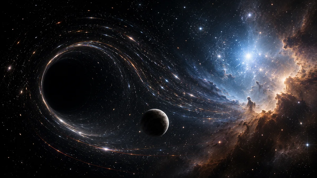 A dark gravitational lens bends starlight toward a bright stellar nursery while a small rocky world crosses the distorted field