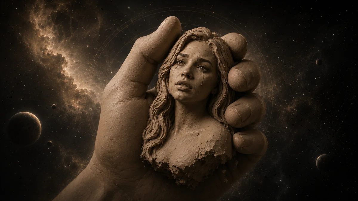 A colossal sculptor's hand holds a sorrowful unfinished clay figure against a deep cosmic background